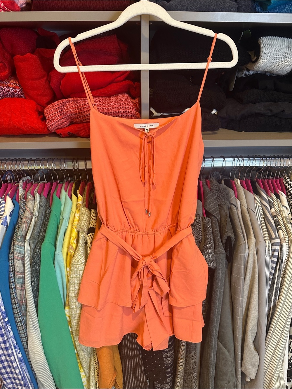 Naked Zebra orange adjustable strap belted front tie romper size M